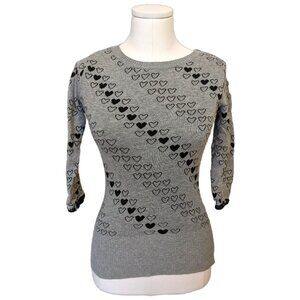Vintage Y2K Grey Heart Sweater 3/4 Sleeve Cute Romantic Fall Crew Neck Sz S